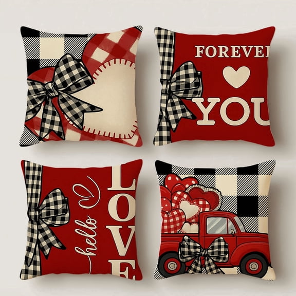 HUGNEO 14x14 Inch Red Black Plaid Truck Heart Pillow Cover, Rustic Decorative Cushion Case for Sofa Bedroom, No Insert
