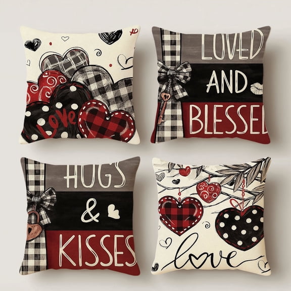 HUGNEO 14x14 Inch Buffalo Plaid Heart Pillow Cover, Hugs Kisses Decorative Cushion Case for Home Sofa Bedroom, No Insert