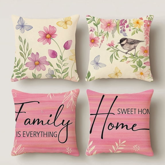 HUGNEO 14x14 Inch Floral Butterfly Pillow Cover, Family Sweet Home Decorative Cushion Case for Home Sofa Bedroom, No Insert