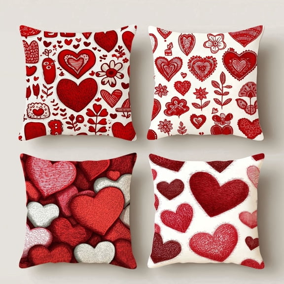 HUGNEO 14x14 Inch Valentine's Day Hand Drawn Heart Pillow Cover, Red Heart Floral Decorative Cushion Case for Sofa Bedroom, No Insert