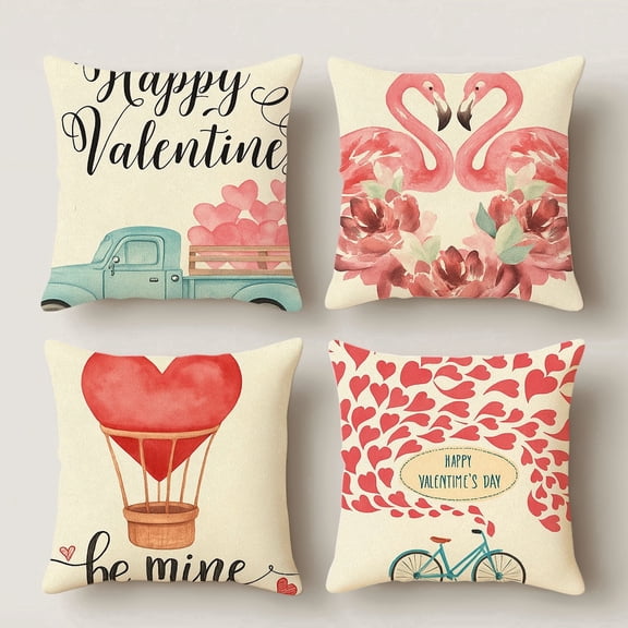 HUGNEO 14x14 Inch Flamingo Truck Pillow Cover, Happy Valentine Decorative Cushion Case for Sofa Bedroom, No Insert