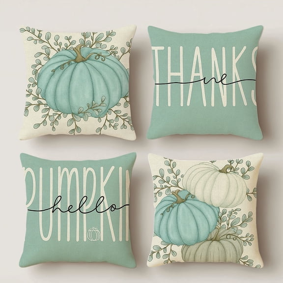 HUGNEO 14x14 Inch Teal Pumpkin Pillow Cover, Fall Thankful Decorative Cushion Case for Farmhouse Sofa Bedroom, No Insert