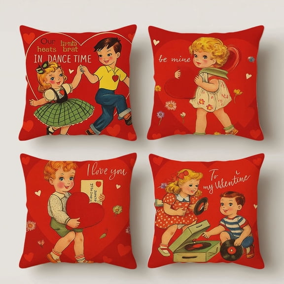 HUGNEO 14x14 Inch Vintage Valentine Pillow Cover, Retro Kids Love Story Decorative Cushion Case for Home Sofa Bedroom, No Insert