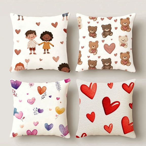 HUGNEO 14x14 Inch Valentine's Day Cartoon Heart Pillow Cover, Kids Bear Decorative Cushion Case for Sofa Bedroom, No Insert