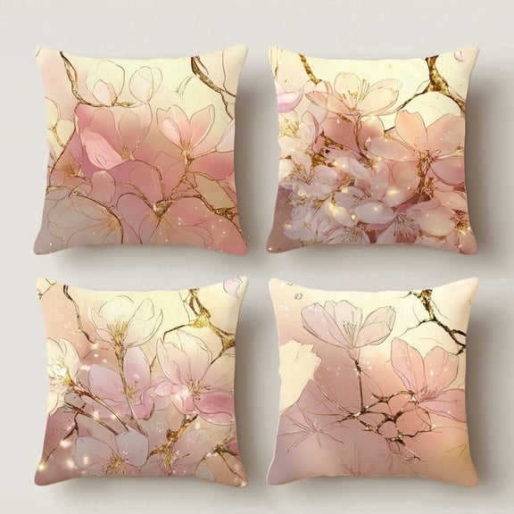 HUGNEO 14x14 Inch Cherry Blossom Pillow Cover, Gold Branch Decorative Cushion Case for Sofa Bedroom, No Insert
