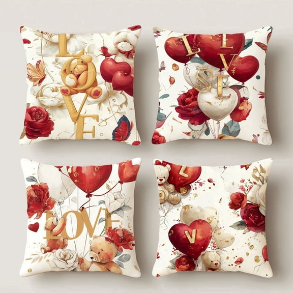 HUGNEO 14x14 Inch Valentine's Day Teddy Bear Pillow Cover, LOVE Balloon Decorative Cushion Case for Sofa Bedroom, No Insert