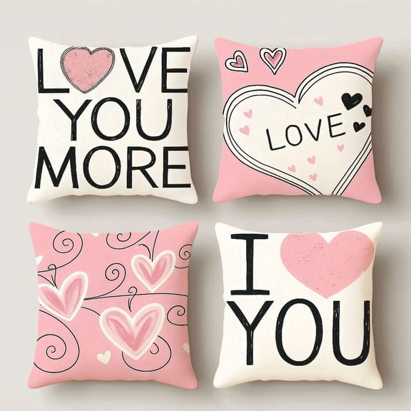 HUGNEO 14x14 Inch Pink Heart Text Pillow Cover, LOVE You More Decorative Cushion Case for Sofa Bedroom, No Insert