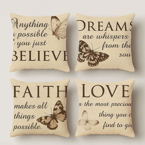 HUGNEO 14x14 Inch Inspirational Butterfly Pillow Cover, Faith Love Believe Decorative Cushion Case for Farmhouse Sofa Bedroom, No Insert