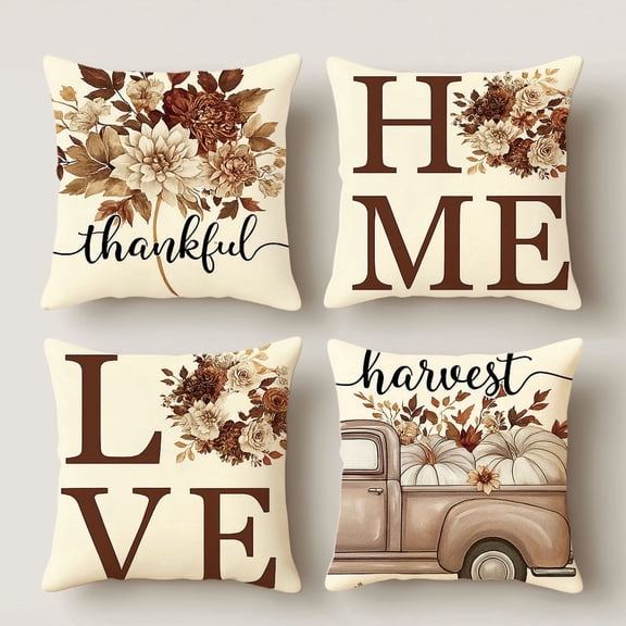 HUGNEO 14x14 Inch Fall Thankful Floral Truck Pillow Cover, Thanksgiving Decorative Cushion Case for Home Sofa Bedroom, No Insert