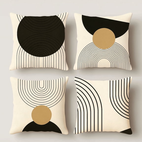 HUGNEO 14x14 Inch Black Gold Arc Geometric Pillow Cover, Mid-Century Modern Decorative Cushion Case for Sofa Bedroom, No Insert