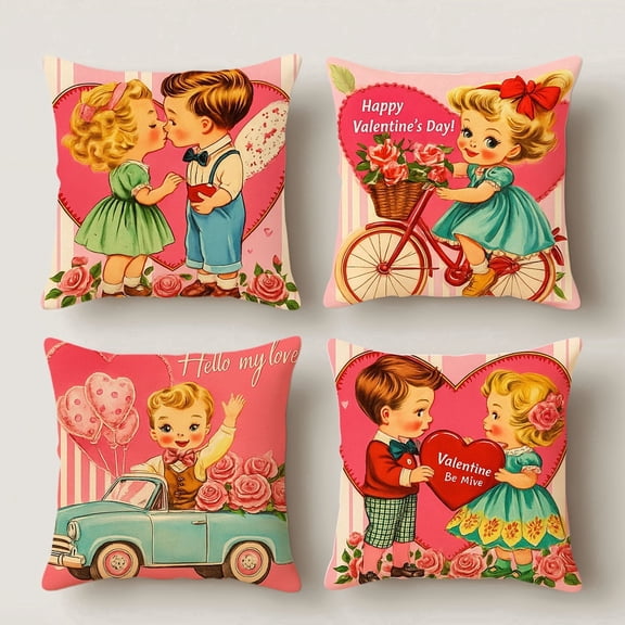 HUGNEO 14x14 Inch Vintage Doll Couple Pillow Cover, Happy Valentine's Day Decorative Cushion Case for Sofa Bedroom, No Insert