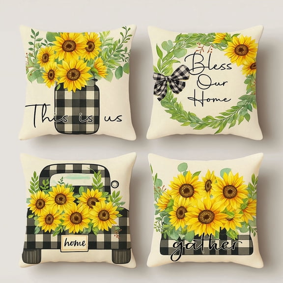 HUGNEO 14x14 Inch Sunflower Buffalo Check Pillow Cover, Farmhouse Home Decorative Cushion Case for Sofa Bedroom, No Insert