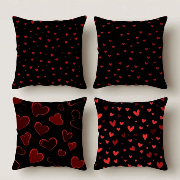 HUGNEO 14x14 Inch Valentine's Day Red Heart Pillow Cover, Black Red Heart Decorative Cushion Case for Sofa Bedroom, No Insert