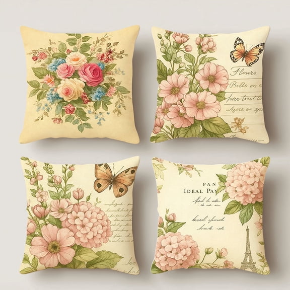 HUGNEO 14x14 Inch Vintage Flower Butterfly Letter Pillow Cover, French Retro Decorative Cushion Case for Sofa Bedroom, No Insert