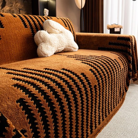 HUGNEO 71"x51" Chenille Sofa Cover, Non Slip Soft Tassel Couch Cover, Machine Washable Furniture Protector for Kids Pets, Brown