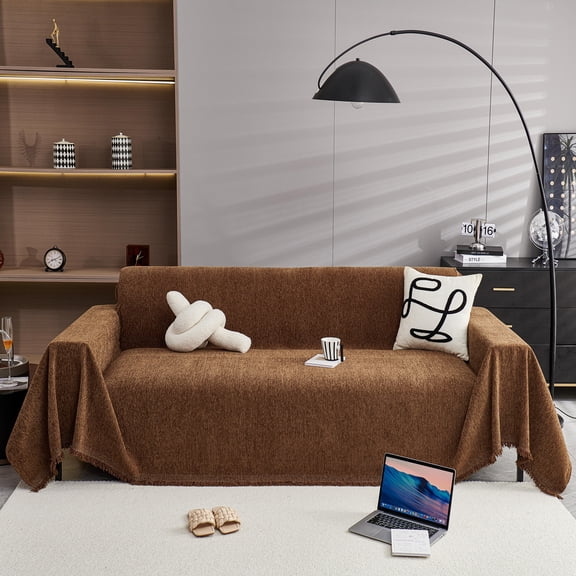 HUGNEO 71"x51" Chenille Sofa Cover, Non Slip Soft Tassel Couch Cover, Machine Washable Furniture Protector for Kids Pets, Dark Coffee