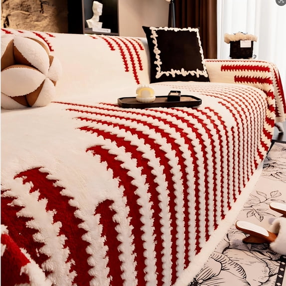 HUGNEO 71"x51" Chenille Sofa Cover, Non Slip Soft Tassel Couch Cover, Machine Washable Furniture Protector for Kids Pets, Red