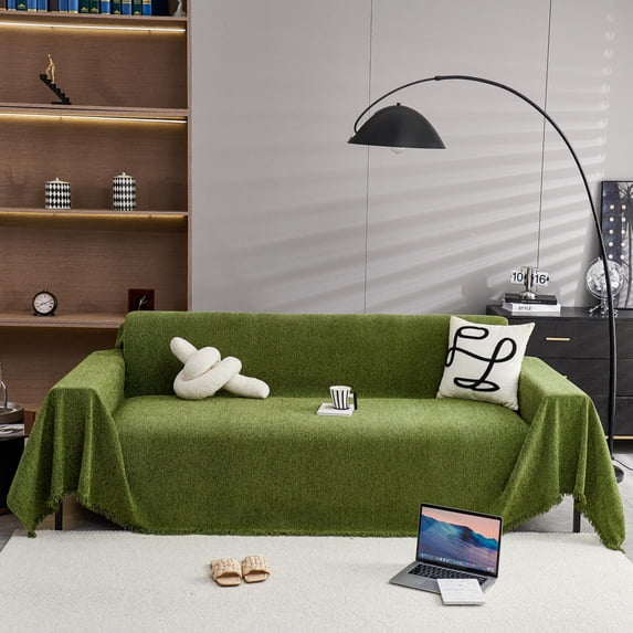 HUGNEO 71"x51" Chenille Sofa Cover, Non Slip Soft Tassel Couch Cover, Machine Washable Furniture Protector for Kids Pets, Tea Green
