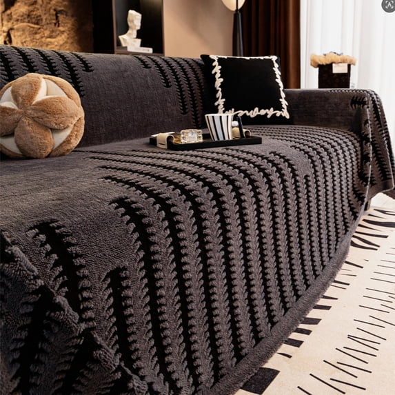 HUGNEO 71"x71" Chenille Sofa Cover, Non Slip Soft Tassel Couch Cover, Machine Washable Furniture Protector for Kids Pets, Dark Gray