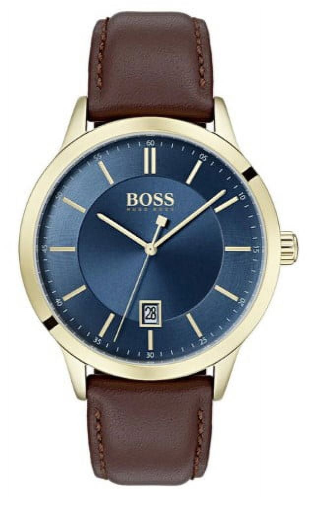 HUGO BOSS Mens Watch, Blue Dial, Brown Leather Band, Stainless