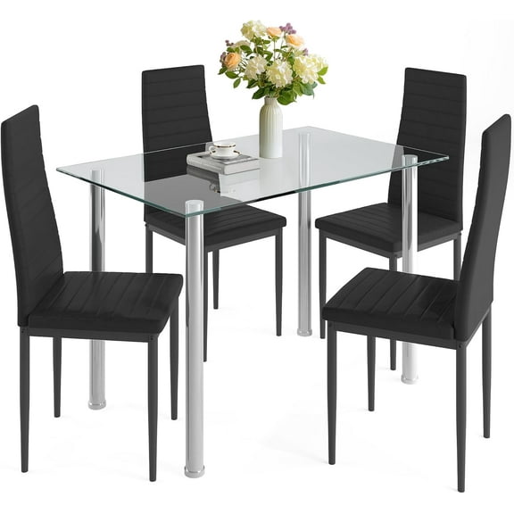 HUGROVE Dining Table Set for 4 Modern Kitchen Table Chairs Set of 4 with Tempered Glass Tabletop & Stainless Steel Legs, 4 Upholstered PU Leather Chair for Kitchen, Breakfast Nook, Living Room (Black
