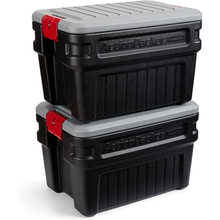 HUHAN ActionPacker? 24 Gal Lockable Storage Box Pack of 2, Outdoor, Industrial, Rugged, Grey and Black
