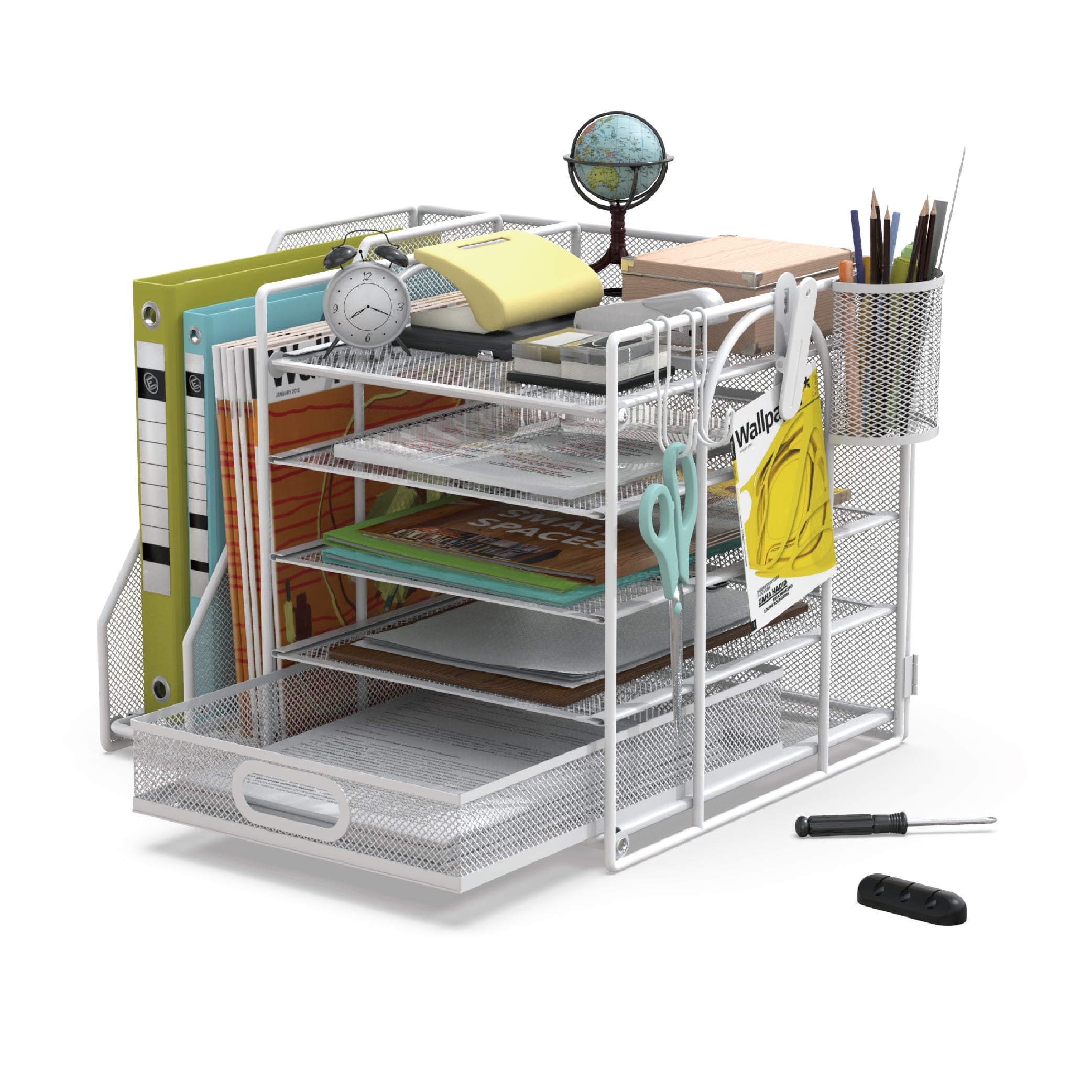 HUHOLE Desk Organizer with File Holder, 5-Tier Paper Letter Tray, White Powder-Coated Steel