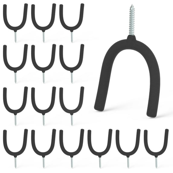 HUHOLE Screw in U Hook, Shovel Holder Wall Mount, U Hooks for Hanging Garden Tools, Zinc-platerd Steel, Black, 16PC