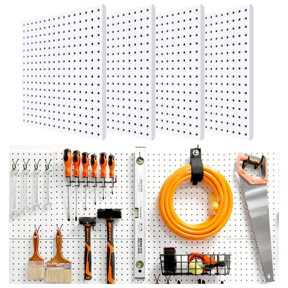 HUHOLE White Pegboard Organizer 4PC, 32-inch X 32-inch Metal Peg Board, Powder-Coated