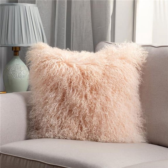 HUI Home 18 x 18 in. Mongolian Lamb Fur Pillow with Feather & Down Insert, Blush Pink