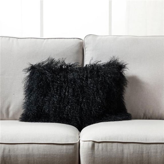 HUI Home HH-MU1218JYBKOP 12 x 18 in. Mongolian Lamb Fur Pillow with Polyester Insert, Black