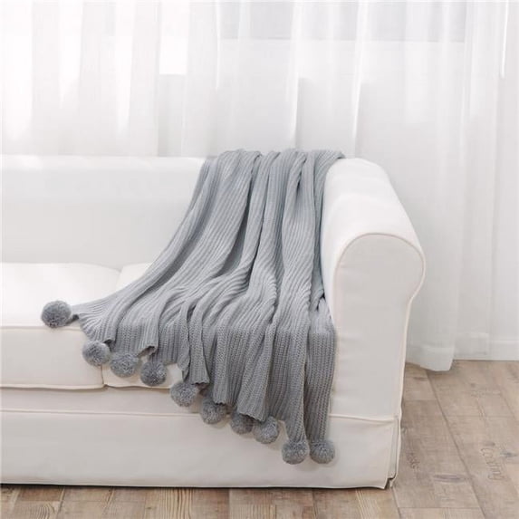 HUI Home HH-PP5060ELGY 50 x 60 in. Knitted Throw with Pom Poms, Gray