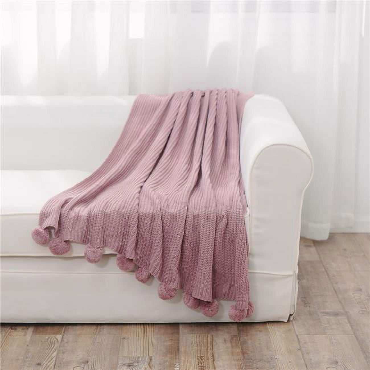 HUI Home HHPP5060ELPK 50 x 60 in. Knitted Throw with Pom Poms, Pink
