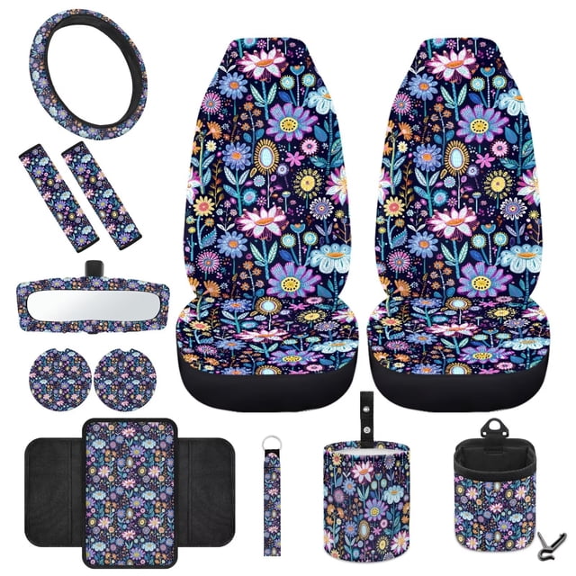 HUIACONG 12 Pcs Crushed Flower Interior Covers for Cars Front Car Seat Protector Steering Wheel Cover Car Seat Belt Pad Rearview Mirror Cover Cup Coasters All Season