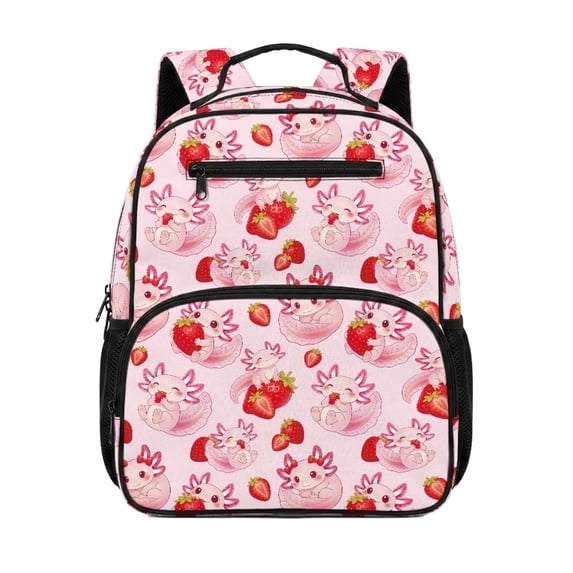 HUIACONG 13.5 Inch Cute Strawberry Axolotl Kids School Backpack Water Resistant Adjustable Breathable Padded Straps Multi Pocket Lightweight Large Capacity Bookbag for Preschool Elementary