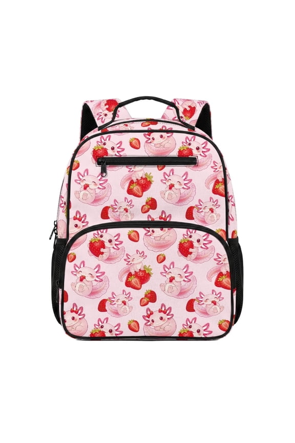 13.5 Inch Cute Strawberry Axolotl Kids School Backpack Water Resistant Adjustable Breathable Padded Straps Multi Pocket Lightweight Large Capacity Bookbag for Preschool Elementary