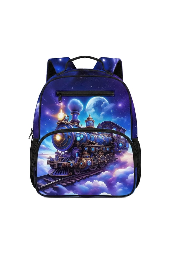 13.5 Inch Galaxy Steam Train Kids School Backpack Adjustable Padded Shoulder Straps Water Resistant Multi Pocket Scratch Resistant Lightweight Large Capacity Bookbag for Toddler Elementary