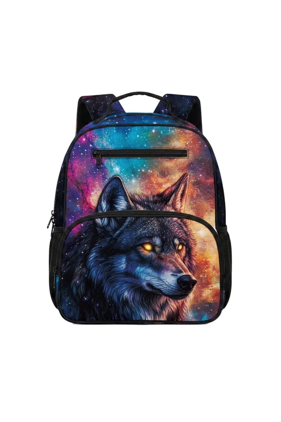 13.5 Inch Galaxy Wolf Kids School Backpack Lightweight Water Resistant Scratch-Resistant Bookbag with Adjustable Ventilated Padded Straps Multi Pockets for Boys Girls Aged 3-12 School Travel