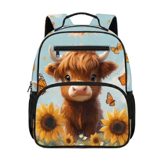 HUIACONG 13.5 Inch Highland Cow Sunflower Print Kids Backpack, Water Resistant Lightweight School Bag with Multi Pockets, Ergonomic Adjustable Padded Straps Bookbag for School Travel