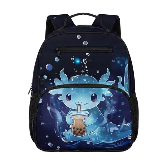HUIACONG 13.5 Inch Kids School Backpack Cute Axolotl Boba Pattern Adjustable Cushioned Shoulder Straps Water Resistant Multi-Pocket Lightweight Large Capacity Bookbag for Preschool Elementary
