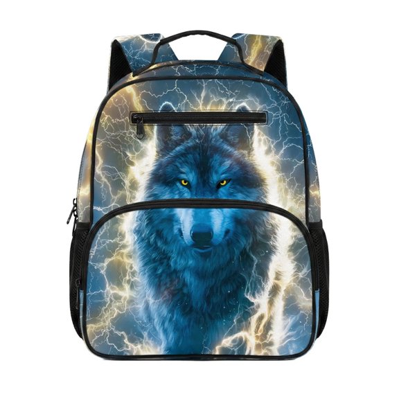 HUIACONG 13.5 Inch Lightning Wolf Print Kids Backpack, Water Resistant Durable Lightweight School Bag with Multiple Pockets, Adjustable Padded Breathable Straps Bookbag for School Outdoor