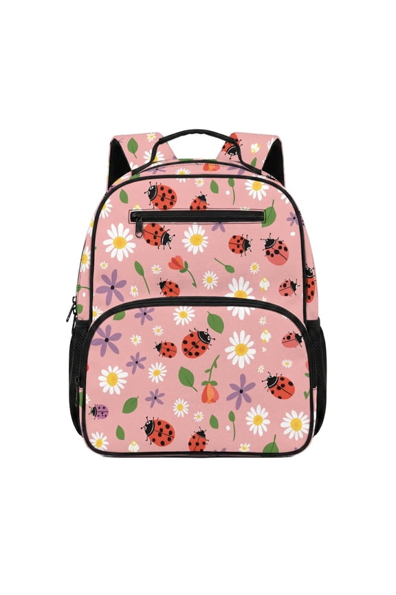 13.5 Inch Pink Ladybug Floral Kids Backpack, Lightweight Water Resistant School Bag with Multi Pockets, Ergonomic Breathable Adjustable Padded Straps Bookbag for Daily Travel