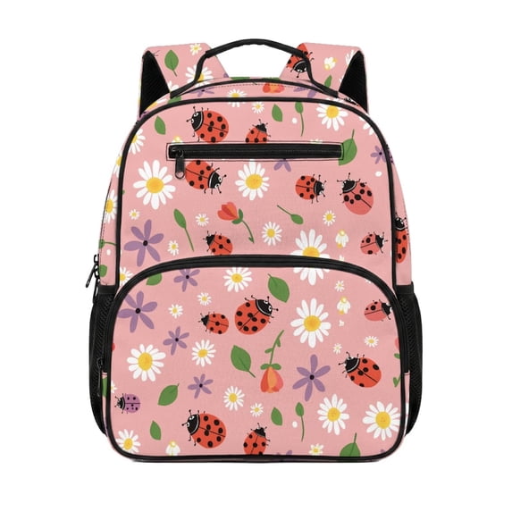 HUIACONG 13.5 Inch Pink Ladybug Floral Kids Backpack, Lightweight Water Resistant School Bag with Multi Pockets, Ergonomic Breathable Adjustable Padded Straps Bookbag for Daily Travel