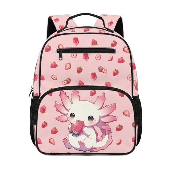 HUIACONG 13.5 Inch Pink Strawberry Axolotl Kids School Backpack Lightweight Water Resistant Bookbag with Adjustable Breathable Padded Straps Multi Pockets for Girls Aged 3-10 School Travel Use