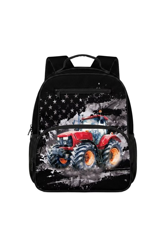 13.5 Inch Red Tractor Print Kids School Backpack Water Resistant Lightweight Large Capacity Bookbag with Adjustable Breathable Padded Straps Multi Pockets for Boys Aged 3-10 Daily Use