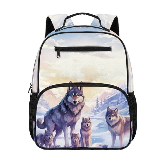 HUIACONG 13.5 Inch Snow Wolf Family Print Kids Backpack, Water Resistant Lightweight School Bag with Multiple Pockets, Breathable Padded Adjustable Straps Bookbag for Daily Use Travel