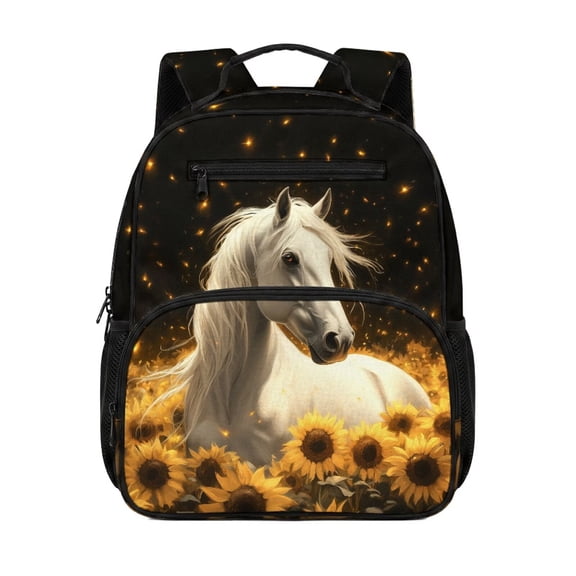 HUIACONG 13.5 Inch Sunflower White Horse Kids School Backpack, Water Resistant Lightweight Bookbag with Adjustable Breathable Padded Straps, Multi Pockets for Boys Girls Aged 3-12 School Travel Use