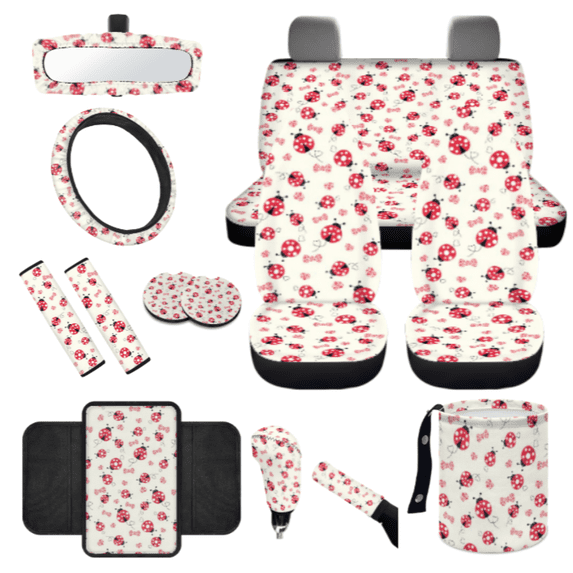 HUIACONG 14 Pack Cute Ladybug Print Car Seat Cover Set, Quick Installation Personalized Car Interior Accessory Kit, Suitable for Trucks Auto SUVs