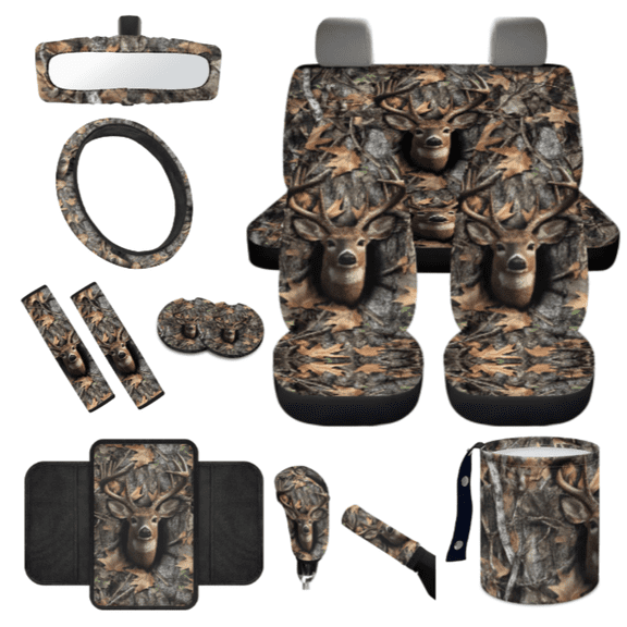 HUIACONG 14 Pack Deer Forest Scene Car Interior Set, Soft Touch Easy Installation Car Seat Cover Set, Suitable for Cars Auto Vehicles