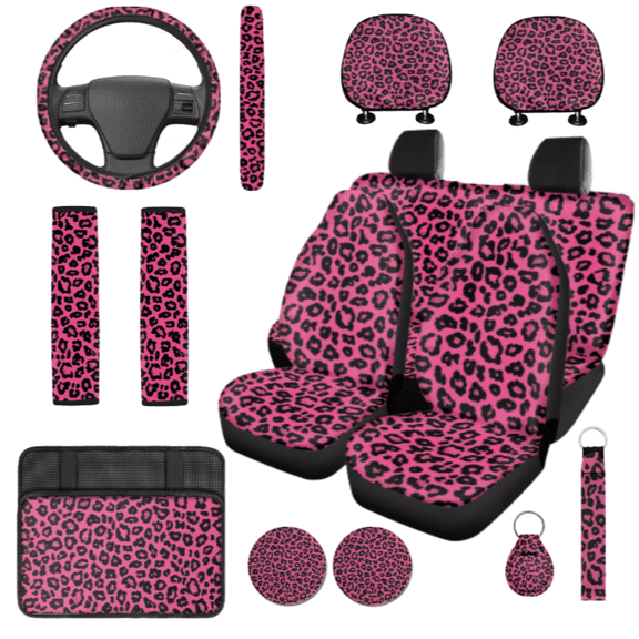 HUIACONG 14 Pack Leopard Print Car Seat Cover Set, Smooth High End Car Interior Accessory Kit, Suitable for Trucks Cars Vans